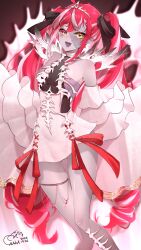  1girl absurdres bare_shoulders breasts colored_skin colored_tongue detached_sleeves diamond-shaped_pupils diamond_(shape) dress fangs frilled_sleeves frills gem gradient_eyes grey_skin hair_ribbon heterochromia highres hololive hololive_indonesia holoro jewel_under_eye kureiji_ollie kureiji_ollie_(rebirth) long_hair maka_aratame multicolored_eyes multicolored_hair multicolored_skin official_alternate_costume open_mouth patchwork_skin pleated_sleeves purple_tongue red_gemstone red_ribbon redhead ribbon sideboob small_breasts solo stitched_arm stitched_face stitched_torso stitches symbol-shaped_pupils thigh_strap thighs tiara very_long_hair virtual_youtuber white_dress x-shaped_pupils zombie 