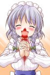 akou_roushi alternate_costume apron blood blush bow braid breasts bust closed_eyes eyes_closed grey_hair hair_bow hands_clasped hands_together izayoi_sakuya nosebleed open_mouth ribbed_sweater short_hair simple_background smile solo sweater touhou turtleneck turtleneck_sweater twin_braids 