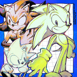  3boys :o animal_ears animal_nose artist_name blue_border bluesky_username body_fur border closed_mouth commentary feet_out_of_frame frown furry furry_male gloves grid_background hand_on_own_hip hand_up hedgehog_boy highres looking_at_viewer looking_to_the_side male_focus multiple_boys open_mouth outside_border serious shadow_the_hedgehog short_tail show_chiku-by simple_background smile sonic_(series) sonic_generations sonic_the_hedgehog sonic_x_shadow_generations standing symbol-only_commentary tail twitter_username white_background 
