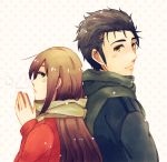  1girl black_hair blue_eyes blush brown_hair couple jacket koike_(coikekke) long_hair looking_back makise_kurisu okabe_rintarou scarf short_hair steins;gate yellow_eyes 