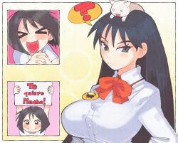  ! >_< 2girls arms_up azumanga_daioh black_eyes black_hair blush bow bowtie breasts cat closed_mouth highres holding holding_sign inkerton-kun kaori_(azumanga_daioh) large_breasts long_hair long_sleeves looking_at_viewer multiple_girls open_mouth red_bow red_bowtie sakaki_(azumanga_daioh) school_uniform short_hair sign smile spanish_text spoken_exclamation_mark translation_request 