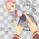 bent_over bow breasts checkered checkered_background chibi chibi_inset dated hands_on_knees large_breasts nakahara_(teriyaki) necktie original pink_hair red_eyes school_uniform skirt solo teriyaki translation_request 