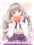  blush hairband heart idolmaster kanraku long_hair red_eyes shijou_takane silver_hair smile solo valentine 