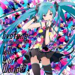  album_cover aqua_hair cd_cover colorful hand_on_headphones hatsune_miku headphones highres looking_at_viewer mebae purple_eyes solo tell_your_world_(vocaloid) thigh-highs thighhighs twintails violet_eyes vocaloid zettai_ryouiki 