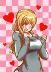  :p absurdres bare_shoulders birdsong blonde_hair blush breasts casual checkered checkered_background hair_over_eyes heart highres large_breasts naughty_face rachel_(resident_evil) resident_evil resident_evil_revelations sleeves_past_wrists solo sweater tongue 