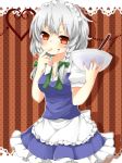  1girl apron bow bowl braid breasts chocolate cleavage finger_to_mouth izayoi_sakuya maid maid_headdress red_eyes short_hair silver_hair solo the_embodiment_of_scarlet_devil touhou twin_braids waist_apron yuria_(kittyluv) 