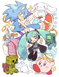  1boy 1girl adventure_time among_us aqua_hair block_(minecraft) blush_stickers bmo chibi cinnamoroll closed_eyes creature creeper crewmate_(among_us) crossover cyan_(among_us) furry furry_male fuwa_fuwa_cinnamoroll hatsune_miku heart hedgehog_boy highres holding holding_heart kirby kirby_(series) long_hair minecraft multiple_crossover my_little_pony my_little_pony:_friendship_is_magic non-humanoid_robot pokemon pokemon_(creature) rainbow_dash robot running sanrio sharpycharot simple_background snom sonic_(series) sonic_the_hedgehog twintails v very_long_hair vocaloid water_kirby white_background white_dog 