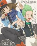  2boys bag bowtie brown_eyes brown_hair dent_(pokemon) formal green_eyes green_hair hand_on_hip hat hips holding holding_poke_ball jacket jumping long_hair lowres open_mouth pinkish pointing poke_ball pokemon pokemon_(game) pokemon_bw smile touya_(pokemon) wink 