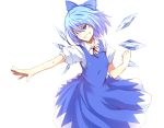  blue_eyes blue_hair bow cirno hair_bow noumin short_hair simple_background smirk solo touhou wings 