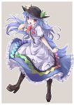 awa_yume blue_hair boots cross-laced_footwear food fruit hat highres hinanawi_tenshi lace-up_boots long_hair long_skirt open_mouth peach red_eyes simple_background skirt solo touhou