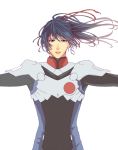  blue_hair brown_eyes long_hair macross macross_frontier outstretched_arms pilot_suit ponytail ramta saotome_alto simple_background white_background 