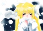  blonde_hair blush cold fate_testarossa long_hair lyrical_nanoha mahou_shoujo_lyrical_nanoha snowing solo tokoharu twintails 