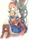  alice_margatroid bad_id blonde_hair blue_eyes blush book bow capelet card cranio cross-laced_footwear doll dress hair_bow hairband needle playing_card ribbon shanghai_doll short_hair smile solo touhou 