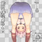  ass bent_over bow breasts checkered checkered_background chibi chibi_inset dated footwear hands_reach_floor large_breasts nakahara_(teriyaki) necktie original pink_hair red_eyes school_uniform skirt socks solo stretch teriyaki thighs translation_request upside-down 