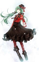  boots frills green_eyes green_hair hair_ribbon hat hatsune_miku highres long_hair open_mouth pantyhose ribbon skirt solo top_hat twintails vertical-striped_legwear vertical_stripes vocaloid yoisy 