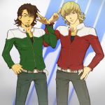  2boys barnaby_brooks_jr barnaby_brooks_jr_(cosplay) belt bespectacled blonde_hair brown_eyes brown_hair facial_hair glasses green_eyes green_jacket h-saiga jacket jewelry kaburagi_t_kotetsu multiple_boys necklace red_jacket ring salute stubble studded_belt tiger_&amp;_bunny 