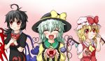  3girls ahoge aqua_hair ascot asymmetrical_wings black_hair blonde_hair blush_stickers bow buttons closed_eyes crystal dress eyes_closed finger_to_face flandre_scarlet flower frills gift hand_on_own_face hands_on_own_chest hat hat_bow heart heart_of_string holding houjuu_nue komeiji_koishi long_sleeves looking_away multiple_girls offering open_mouth pink_background red_eyes ribbon rose shirt short_hair short_sleeves simple_background sk10102194 third_eye touhou vest wide_sleeves wings wristband 