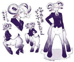  1boy animal_ears blue_theme check_commentary cigarette closed_mouth collared_shirt commentary_request frown goat goat_ears goat_horns hair_over_one_eye hand_on_own_hip holding holding_cigarette hooves horns long_sleeves looking_at_viewer looking_to_the_side male_focus mitsubachi_koucha monochrome necktie one_piece purple_theme sanji_(one_piece) shirt short_tail simple_background solo spot_color striped_clothes striped_shirt suit tail taur translated twitter_username v-shaped_eyebrows vertical-striped_clothes vertical-striped_shirt white_background 