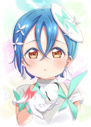  1girl absurdres aged_down alternate_costume aqua_dress asymmetrical_hair blue_background blue_hair blush bug butterfly child commentary_request crossed_bangs d: dress earrings flower gloves green_background grey_dress hair_between_eyes hair_flower hair_ornament highres iroenpitsu_xxx jewelry looking_at_viewer love_live! love_live!_superstar!! multicolored_background multicolored_clothes multicolored_dress open_mouth orange_eyes partial_commentary purple_background short_hair short_sleeves signature solo special_color_(love_live!) tilted_headwear upper_body wakana_shiki white_butterfly white_dress white_flower white_gloves yellow_background 
