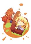  ahoge blonde_hair blush chibi closed_eyes couch eyes_closed green_eyes hair_bobbles hair_ornament hoshii_miki idolmaster long_hair multiple_girls orange_hair sleeping takatsuki_yayoi twintails usoneko 