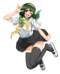  :d \m/ black_legwear blush brown_eyes cozy green_hair hairband highres idolmaster jumping mole open_mouth otonashi_kotori panties school_uniform serafuku shoe_dangle shoes short_hair skindentation skirt smile solo sweat thigh-highs thighhighs underwear uwabaki wink 