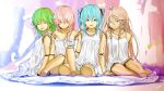  ahoge amputee aqua_eyes aqua_hair blue_eyes braid doll doll_joints dress green_eyes green_hair gumi hatsune_miku highres ia_(vocaloid) long_hair looking_at_viewer loundraw megurine_luka multiple_girls open_mouth pink_eyes pink_hair sitting smile twin_braids twintails vocaloid white_dress 
