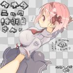  bow breasts checkered checkered_background chibi chibi_inset dated from_above large_breasts looking_back nakahara_(teriyaki) necktie original pink_hair red_eyes school_uniform skirt smile solo teriyaki translation_request 