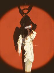  1boy angel angel_wings brown_hair feathered_wings halo highres male_focus original pants puppet_strings rido_(ridograph) shadow shirt short_hair sleeves_rolled_up solo string white_pants white_shirt white_wings wings 