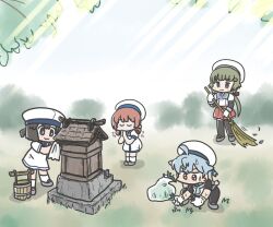  4girls :3 ahoge black_hair black_pantyhose blue_hair blue_sailor_collar broom brown_hair bucket commentary_request daitou_(kancolle) dress ferret-san grass green_hair hat highres kaiboukan_no._4_(kancolle) kantai_collection light_rays long_hair low_ponytail low_twintails multiple_girls noumi_(kancolle) pantyhose praying red_skirt sado_(kancolle) sailor_collar sailor_dress sailor_hat school_uniform serafuku short_hair shrine skirt sunbeam sunlight tree twintails undershirt white_dress white_hat 