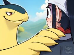 1girl 2024_pokemon_teraleak :o akakichi_no_eleven_redraws akari_(pokemon) artist_logo black_hair blue_fur day eye_contact forest galaxy_expedition_team_survey_corps_uniform logo long_hair looking_at_another luichemax nature outdoors pokemon pokemon_(creature) pokemon_legends:_arceus smile smug sweat two-tone_fur typhlosion upper_body yellow_fur you_gonna_get_raped 