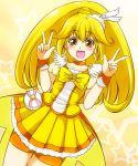 blonde_hair blush cure_peace hagane_soushi highres kise_yayoi long_hair magical_girl open_mouth ponytail precure shorts_under_skirt skirt smile_precure! solo v yellow_eyes 