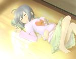  ahoge barefoot black_hair breasts closed_eyes eyes_closed idolmaster idolmaster_cinderella_girls kohinata_miho lying rara saliva short_hair skirt sleeping solo 