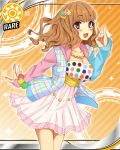  3cm :3 :d bracelet breasts brown_eyes brown_hair cinderella_girls_card_parody dress hair_ornament hairclip idolmaster idolmaster_cinderella_girls jacket jewelry moroboshi_kirari necklace open_mouth parody smile solo sparkle star_hair_ornament sun_(symbol) wavy_hair 