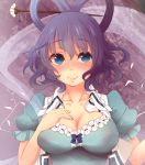  blue_eyes blue_hair breasts cleavage dress hair_rings hair_stick hand_on_own_chest highres kaku_seiga large_breasts maru_mr shawl smile solo touhou vest 