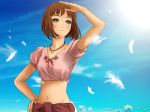  brown_eyes brown_hair cloud feathers highres jewelry last_exile last_exile:_ginyoku_no_fam lavie_head midriff necklace raran ring short_hair sky solo 