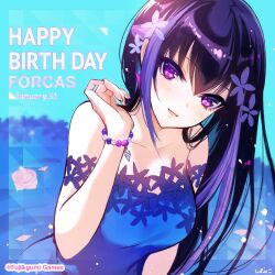  1girl aqua_background artist_name black_hair blue_dress bracelet character_name commentary_request copyright_notice dated dress forcas hair_between_eyes hand_up happy_birthday highres jewelry long_hair looking_at_viewer off-shoulder_dress off_shoulder official_art phantom_of_the_kill purple_hair second-party_source shibuhiko signature simple_background solo upper_body violet_eyes 