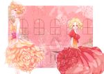  blonde_hair blush brown_hair chair corset dress flower kurosawa_tomo multiple_girls original pink_eyes table window 