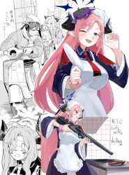 2girls apron bag black_horns blue_archive breasts commentary_request food fuuka_(blue_archive) green_eyes gun hair_between_eyes halo headscarf highres holding holding_gun holding_plate holding_weapon horns juri_(blue_archive) large_breasts long_hair long_sleeves m30_luftwaffe_drilling motor_vehicle multiple_girls multiple_views necktie on_scooter one_eye_closed open_mouth pink_hair plate pointy_ears red_necktie riding_scooter scooter scrunchie sweat translation_request umiwashi very_long_hair weapon white_apron wrist_scrunchie 