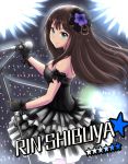  bare_shoulders black_gloves breasts brown_hair character_name cinderella_girls_card_parody cleavage dress gloves green_eyes hair_ornament idolmaster idolmaster_cinderella_girls lolita_fashion long_hair looking_back microphone microphone_stand parody shibuya_rin smile solo star yayo325 