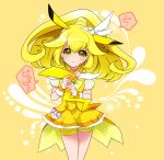  1girl bike_shorts blonde_hair choker cure_peace dress kise_yayoi kondoru long_hair magical_girl parody pikachu pokemon pokemon_(creature) power_connection precure ribbon shorts_under_skirt skirt smile_precure! tail yellow yellow_background yellow_dress yellow_eyes 