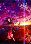  bird cloud floral_print flying highres japanese_clothes kimono lain long_hair long_sleeves obi open_mouth original pointing pointing_up purple_hair red_eyes sash sky smile solo street sunset 