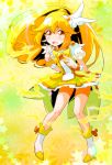  1girl bike_shorts blonde_hair boots cure_peace double_v dress electricity hair_ornament highres kise_yayoi long_hair magical_girl open_mouth precure ribbon shorts_under_skirt skirt smile_precure! solo star starry_background sw tears v wrist_cuffs yellow yellow_background yellow_bike_shorts yellow_dress yellow_eyes 