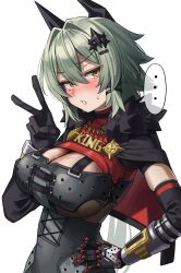  ... 1girl absurdres blush caesar_king_(zenless_zone_zero) gauntlets green_hair green_tea_(matchaistasty) hair_ornament hand_on_own_hip highres looking_at_viewer strap v yellow_eyes zenless_zone_zero 