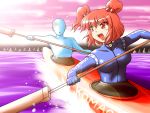  boat ghost hair_bobbles hair_ornament kayak large_breasts oar onozuka_komachi open_mouth red_eyes red_hair redhead shirosato solo touhou twintails water wetsuit 