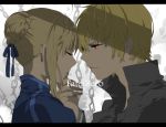 1girl ahoge bad_id blonde_hair closed_eyes eyes_closed fate/stay_night fate_(series) fingernails gilgamesh hair_bun hair_ribbon hand_on_another&#039;s_face hand_on_another's_face kurohal letterboxed profile red_eyes ribbon saber 