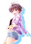  antenna_hair brown_hair idolmaster jacket kikuchi_makoto long_sleeves looking_at_viewer looking_back midriff open_mouth outstretched_hand purple_eyes short_hair shorts simple_background solo standing thighs violet_eyes white_background yuushi 
