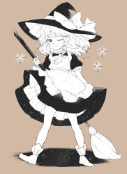  1girl absurdres ankle_socks apron black_shirt black_skirt blush bow braid broom brown_background cindy717 commentary_request frilled_apron frilled_hat frilled_skirt frilled_sleeves frills full_body hat hat_bow hat_ribbon highres holding holding_broom kirisame_marisa large_hat long_hair looking_at_viewer maid maid_apron one_eye_closed partially_colored petticoat puffy_short_sleeves puffy_sleeves ribbon shadow shirt short_sleeves side_braid signature simple_background single_braid skirt socks solo sparkle standing touhou witch_hat 