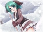  animal_ears bamboo bamboo_broom blush broom brown_gloves dress dutch_angle gloves green_eyes green_hair highres kasodani_kyouko lzh mittens open_mouth pink_dress shirt short_hair skirt smile snow snowing solo touhou vest wild_and_horned_hermit winter 