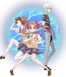  2girls accelerator brown_eyes brown_hair electricity footwear goggles goggles_on_head kurosawa_tomo loose_socks misaka_imouto multiple_girls pleated_skirt ribbon school_uniform shirai_kuroko shoes short_hair skirt socks standing sweater_vest to_aru_kagaku_no_railgun to_aru_majutsu_no_index twintails vest white_hair wind 