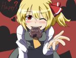  blonde_hair blush chocolate english hihachi looking_at_viewer mouth_hold rumia short_hair solo touhou valentine wink youkai 
